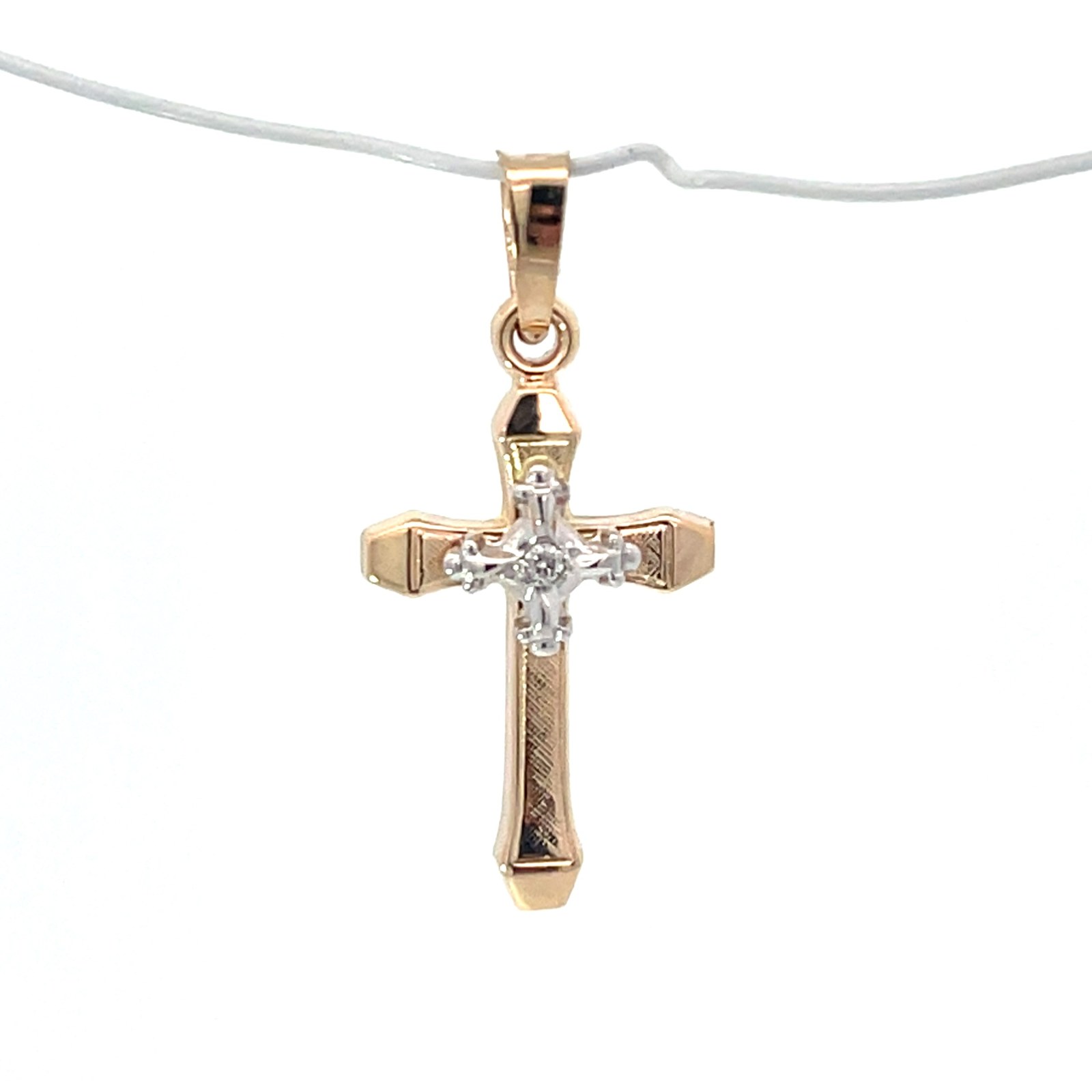 DCSDM .jpg 14kt two tone gold fancy diamond cross with floritine finish
