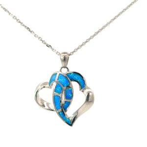 Sterling Silver rhodium plated created blue opal double heart pendant on 1.4mm diamond cut cable chain 18"