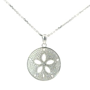 Sterling Silver rhodium plated cubic zirconia sanddollar pendant on 1.4mnm diamond cut cable chain 18"