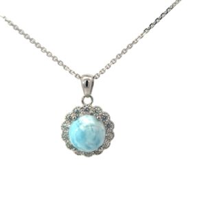 Sterling Silver rhodium plated genuine larimar and cubic zirconia halo pendant on 1.4mm diamond cut cable chain 18"