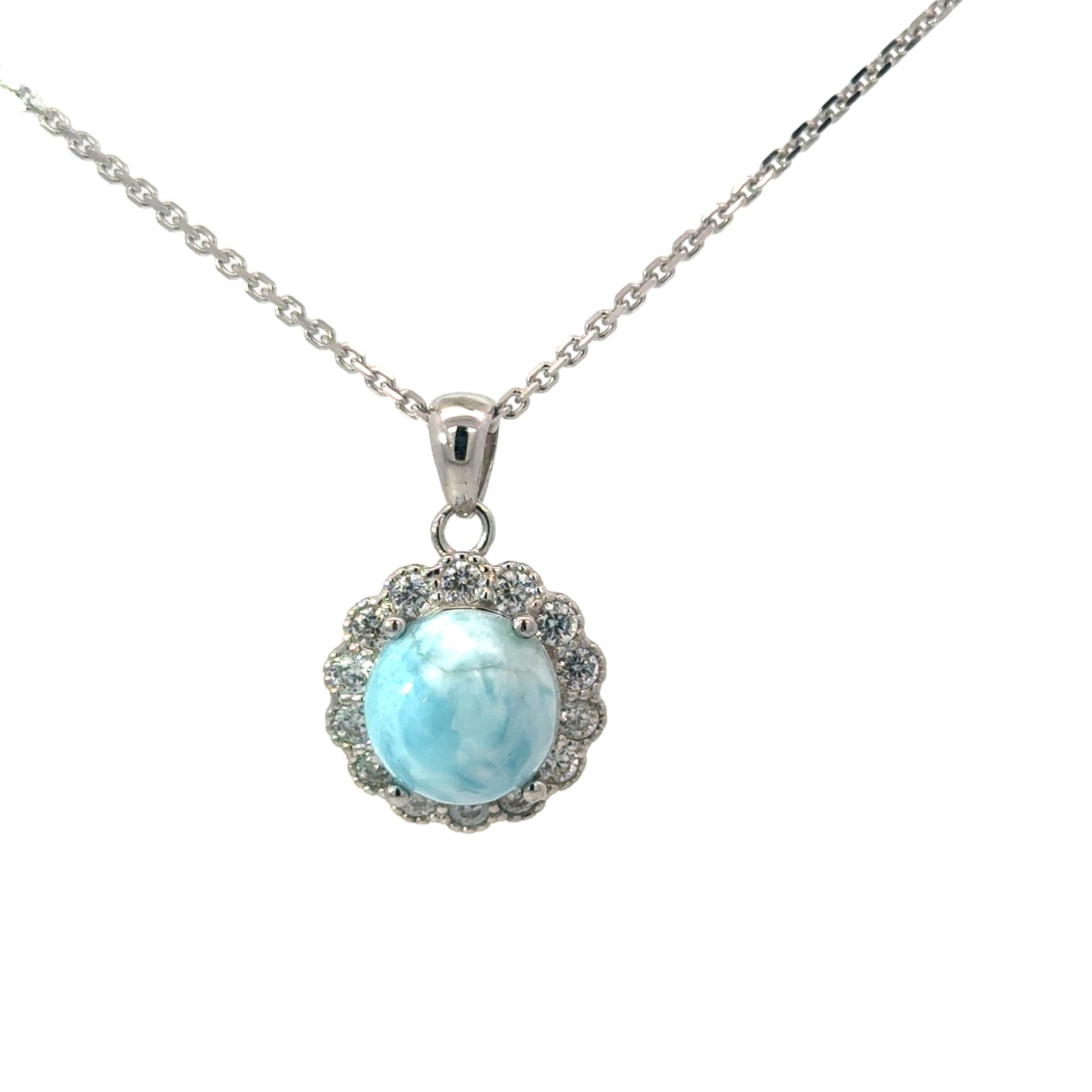 Sterling Silver rhodium plated genuine larimar and cubic zirconia halo pendant on 1.4mm diamond cut cable chain 18"