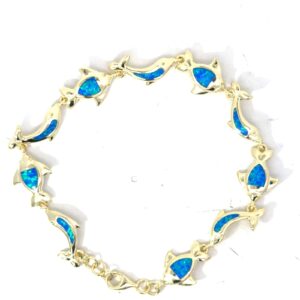 Sterling Silver gold plated created blue opal inlay nautical dolphin and fish bracelet with claw catch closure