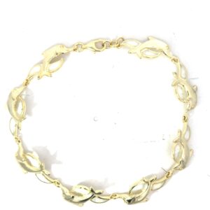 Sterling Silver gold plated creaed white opal jumping dolphin bracelet with claw catch closure