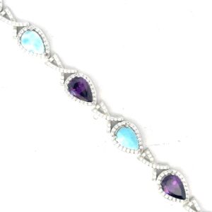 Sterling Silver rhodium plated genuine larimar, purple and white cz halo bracelet with claw catch closure