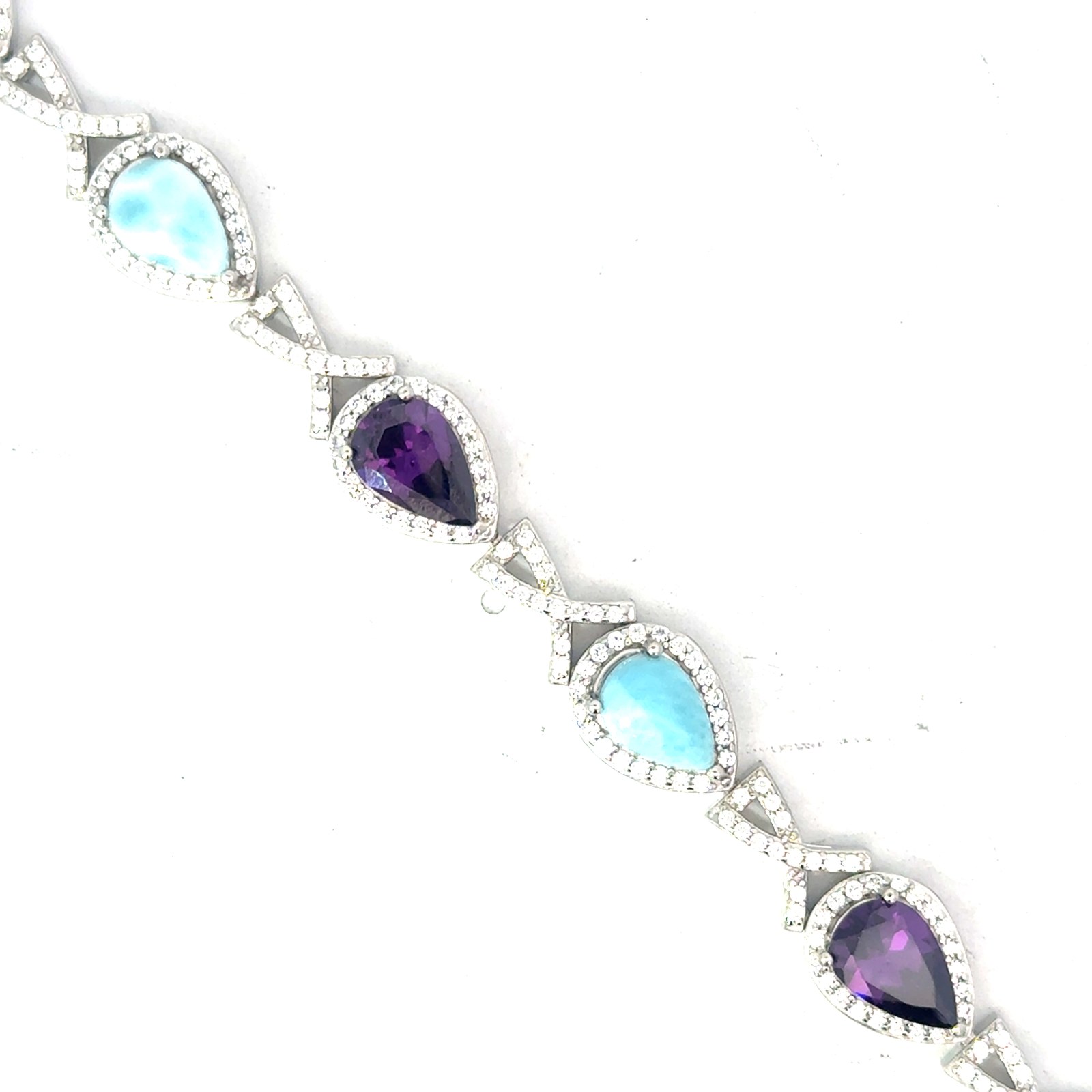 Sterling Silver rhodium plated genuine larimar, purple and white cz halo bracelet with claw catch closure