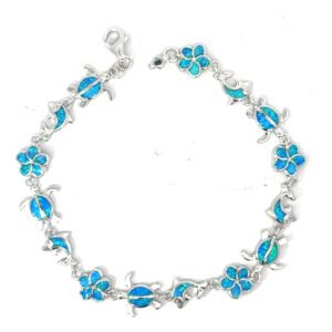 Sterling Silver rhodium plated created blue opal nautical bracelet 7.5" long