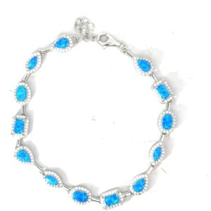 Sterling Silver rhodium plated cubic zirconia and created blue opal inlay halo multi shape bracelet
