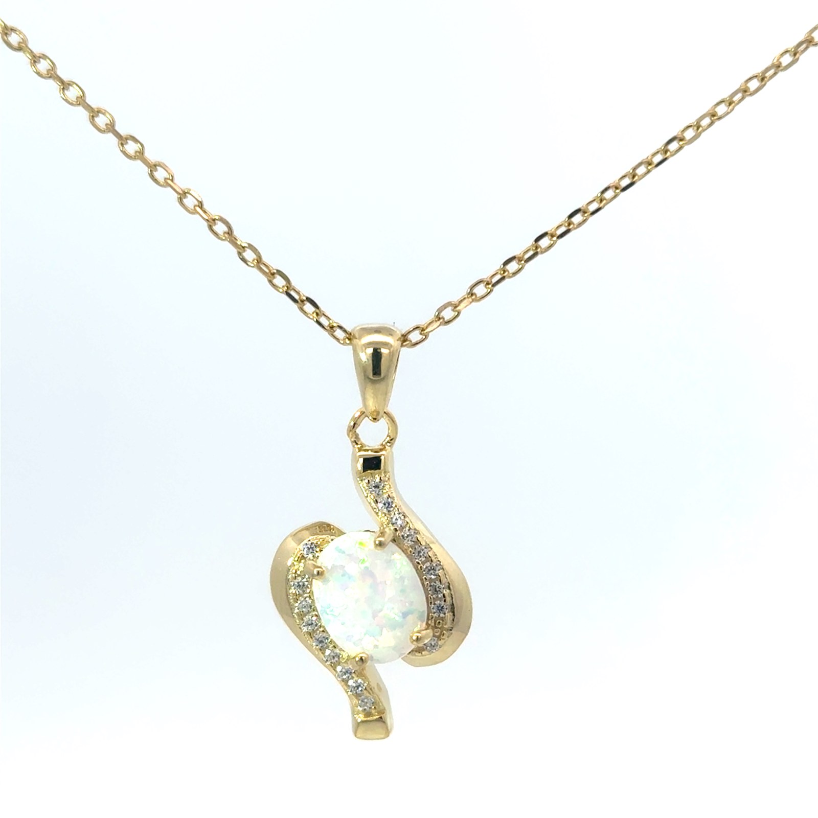 .jpg Sterling Silver gold plated created white opal swirl necklace with diamond cut cable chain 18"