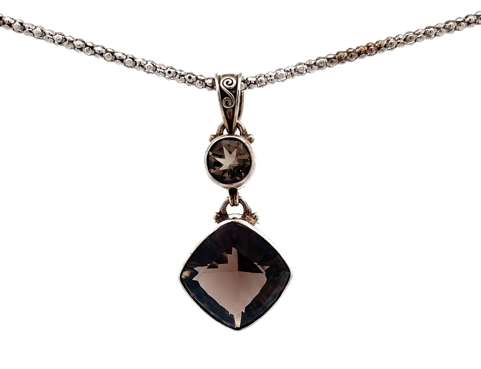 STERLING SILVER AND SMOKY QUARTZ SQUARE PENDANT WITH CHAIN 17.5