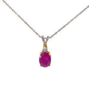 10kt yellow gold oval gen ruby and diamond pendant D tw 0.05cts SI2, I color on machine made rope 18"