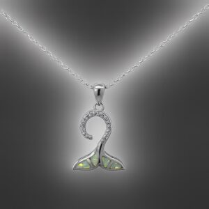 Sterling Silver created white opal inlay and cz whales tail pendant on a 1.1mm cable chain with claw catch closure rhod plated 18"
