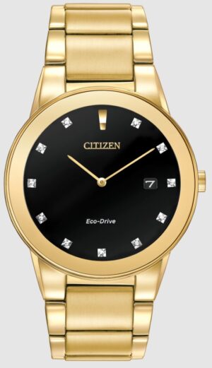 Mans Citizen Eco Drive gold-tone stainless steel case and bracelet with black dial, 11 diamond dial and date 40mm