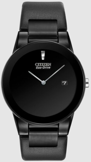 Mans Ciizen EcoDrive Stainless Steel With Black Ion Plating, Black Leather Band, Black Dial with dateStainless Steel Accents. 40mm