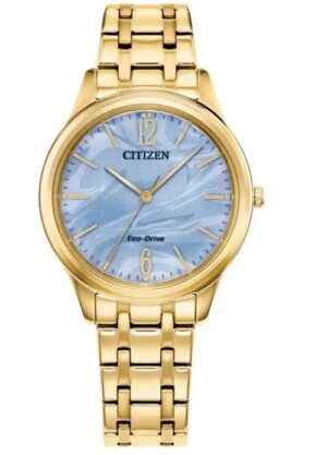 Citizen Ladies’ Eco-Drive A Graceful Timepiece That Blends Timeless Elegance With Modern Innovation. The Gold-Tone Stainless Steel Case With Blue Dial And Bracelet