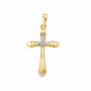 14kt yellow gold florentine finish diamond cross tw 0.01cts