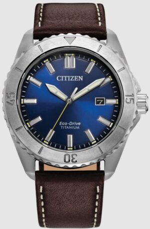 Mans EcoDrive Silver-tone Super Titanium™ case with a brushed finish, the 41mm timepiece brown strap band