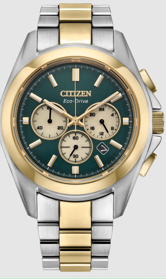 .jpg Mans EcoDirve new Sport Luxury chronograph 40.5mm two-tone silver- and gold-tone stainless steel case holds a sunray green dial bracelet watch
