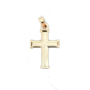 14kt yellow gold textured with flat edges cross charm 22 by 15