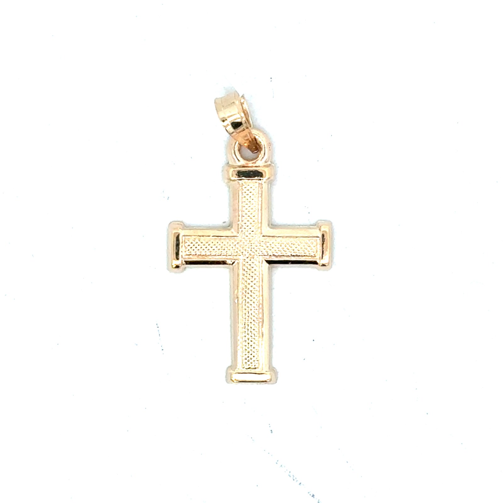 .jpg 14kt yellow gold textured with flat edges cross charm 22 by 15