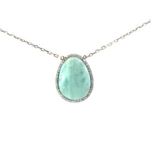 Sterling Silver rhodium plated genuine larimar and cubic zirconia halo pendant on diamond cut cable chain