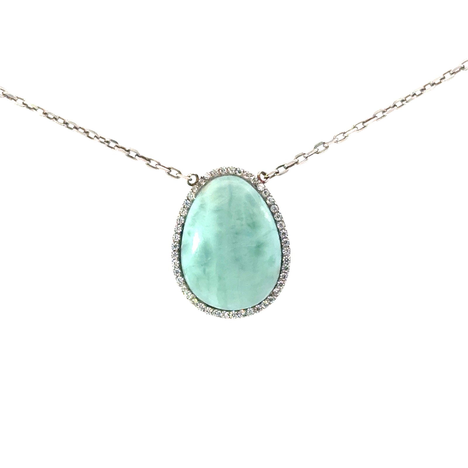 Sterling Silver rhodium plated genuine larimar and cubic zirconia halo pendant on diamond cut cable chain