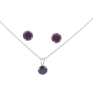 10kt white gold genuine garnet earring and pendant SOLD AS SET on machine made rope 18"