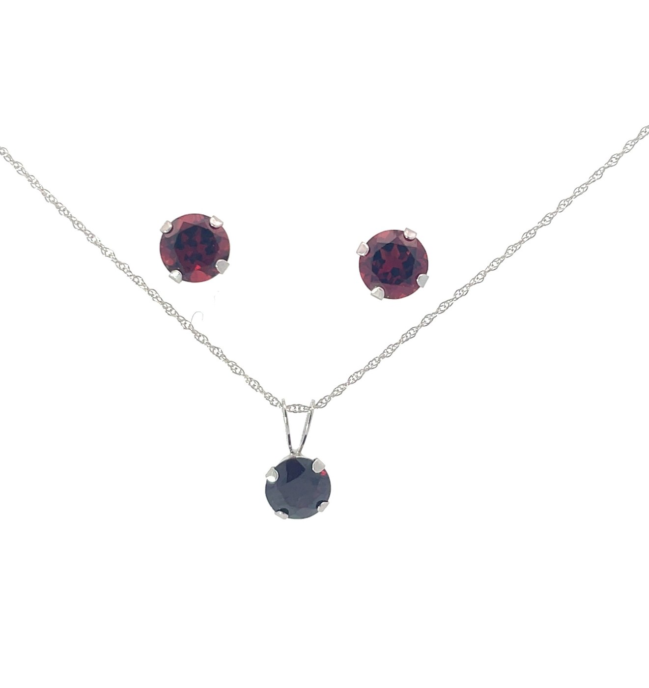 .jpeg 10kt white gold genuine garnet earring and pendant SOLD AS SET on machine made rope 18"