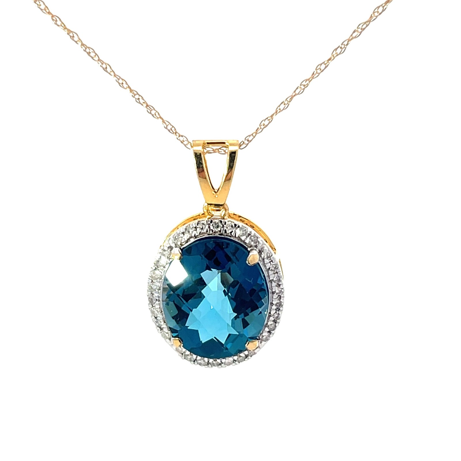 .jpg 10kt yellow gold london blue topaz checkerboard halo diamond pendant D tw 0.20cts SI, H color on 18"