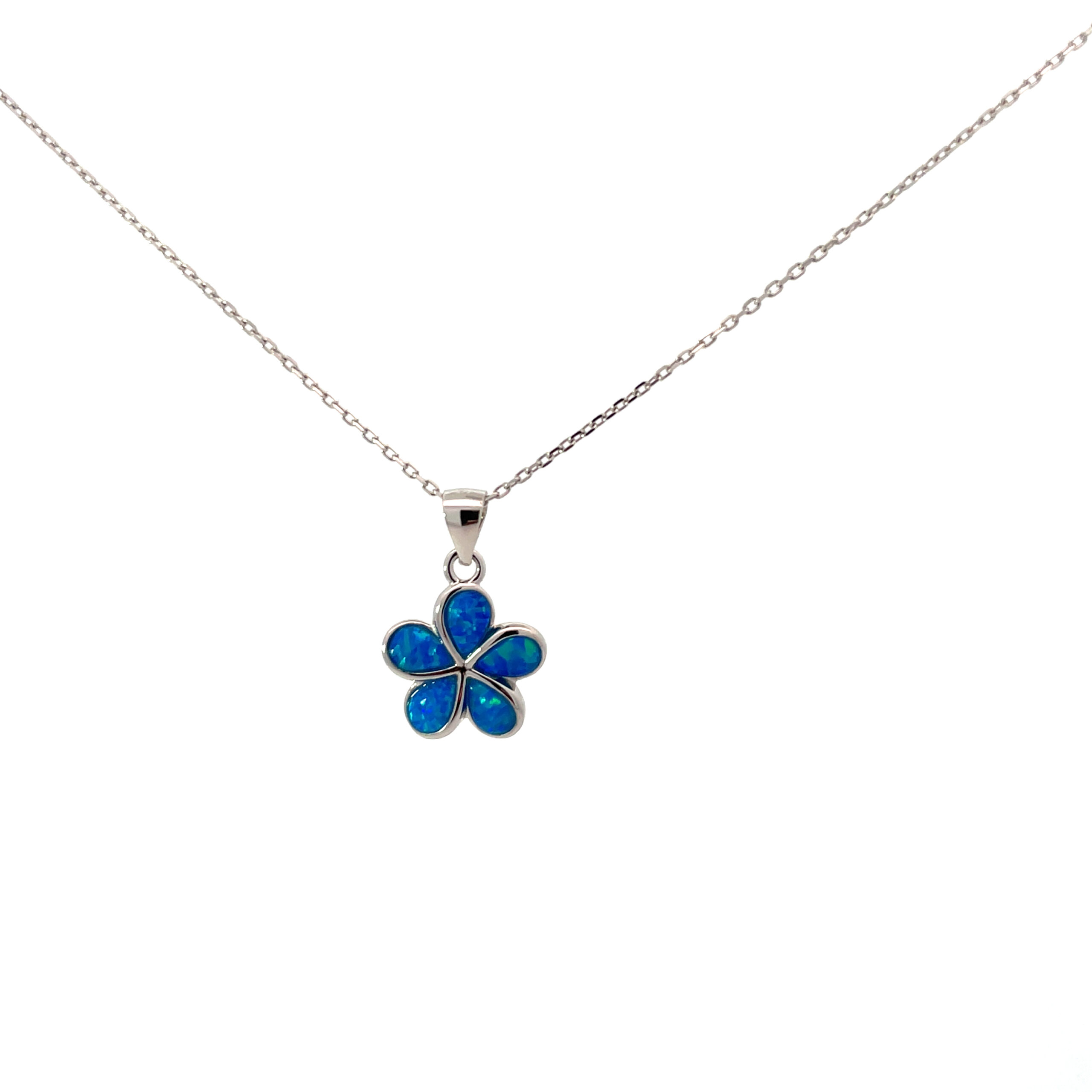 scaled .jpg Sterling Silver rhodium plated created blue opal inlay flower pendant on 1.2mm diamond cut cable chain 18"