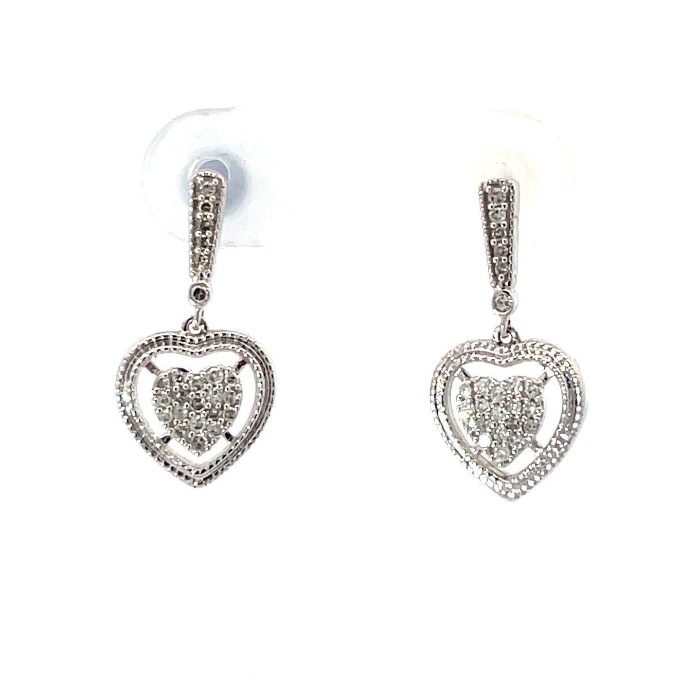 .jpeg 10kt white gold diamond heart drop earring with milgrain edge D tw 0.20cts I1, near colorless I color
