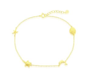 Sterling Silver Gold Plated Shell, Dolphin, Turtle And Starfish Anklet Bracelet 10"