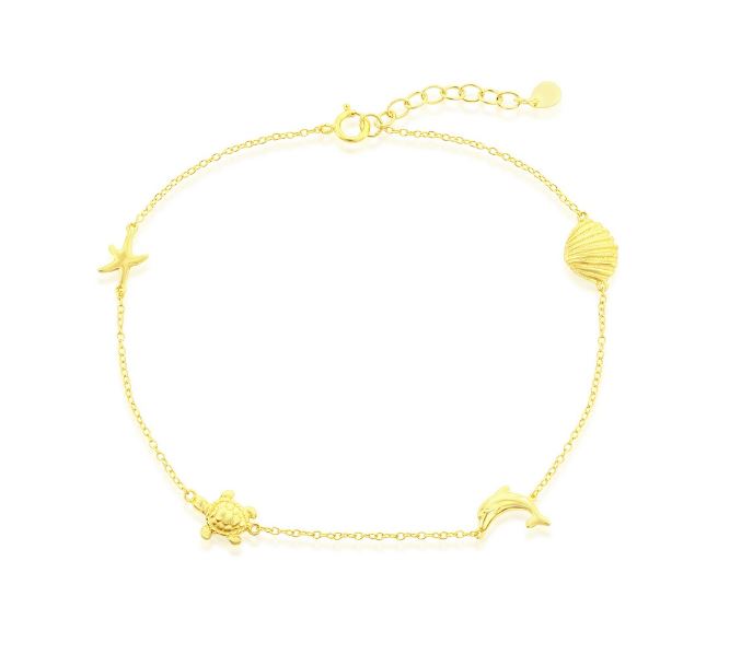 .jpg Sterling Silver Gold Plated Shell, Dolphin, Turtle And Starfish Anklet Bracelet 10"