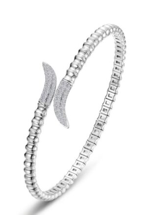 Sterling Silver platinum bonded fluted bypass lassire simulate diamond bangle bracelet tw 0.69cts 6.8"