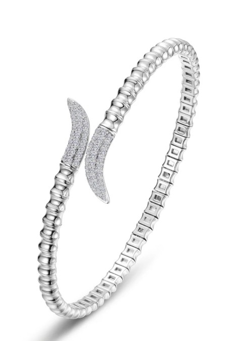 .jpg Sterling Silver platinum bonded fluted bypass lassire simulate diamond bangle bracelet tw 0.69cts 6.8"