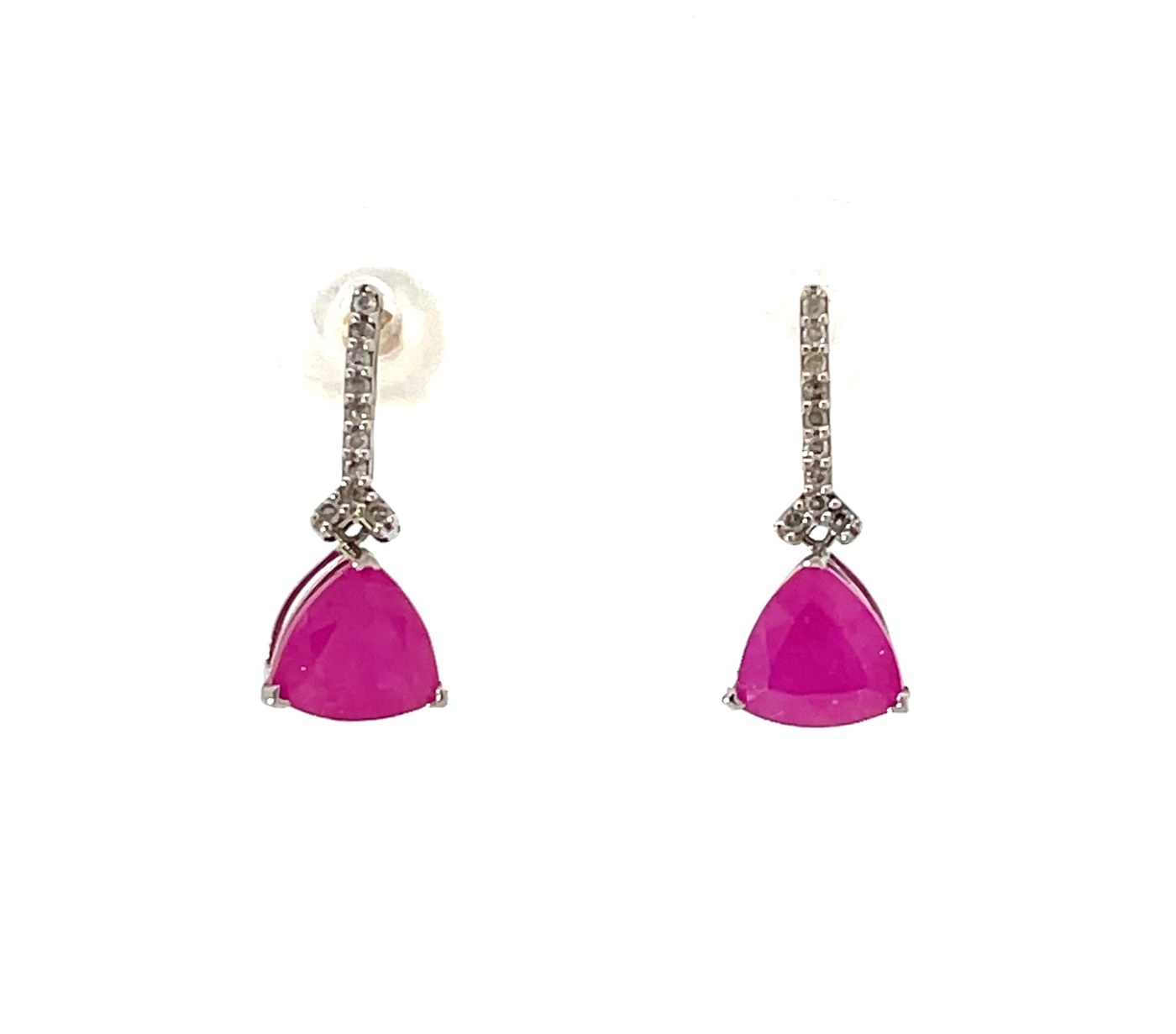 .jpeg 10kt white gold diamond and trillion ruby dangle earring R tw 0.50cts D tw 0.10cts I1, I color