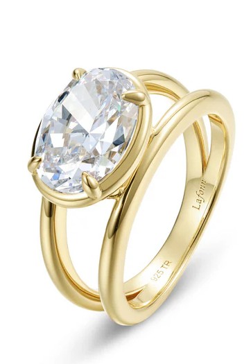 .jpg Sterling Silver Gold Plated Lassire Simulated Diamond Floating Oval Bezel Set Split Shank Ring Size 8 tw 2.88Cts