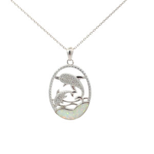 Sterling Silver created white opal double dolpin oval and cz pendant on dc chain 18"