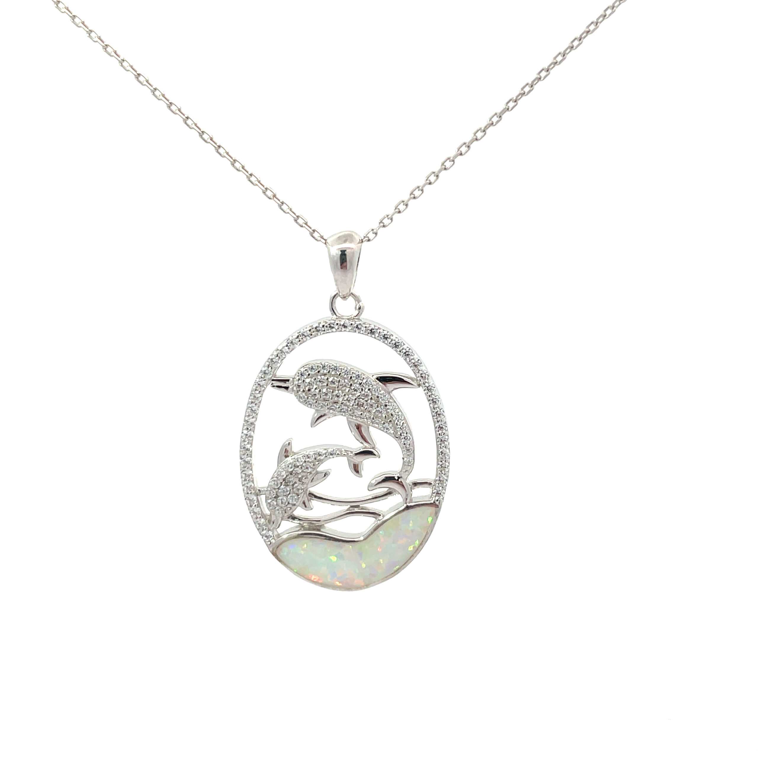 scaled .jpg Sterling Silver created white opal double dolpin oval and cz pendant on dc chain 18"