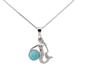 Sterling Silver genuine larimar mermaid pendant on dc link chain 18" rhod plated