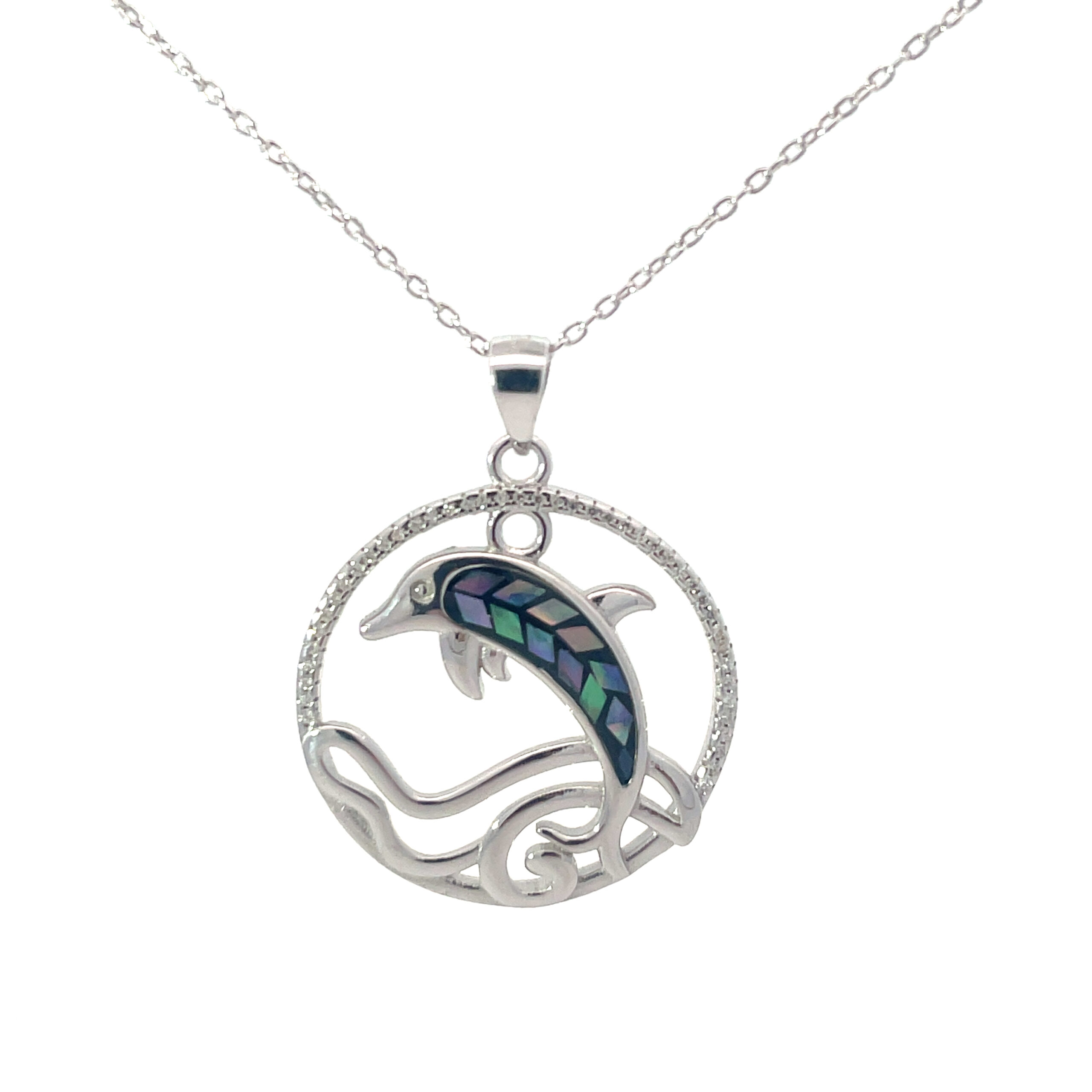 scaled .jpg Sterling Silver cubic zirconia mosaic dolphin circle pendant on 18" cable chain