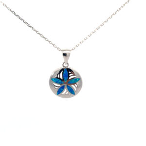 Sterling Silver created blue inlay opal sanddollar necklace on dc link chain 18" rhod plated