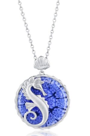 Sterling Silver rhodium plated Venitian Murano Glass Seahorse pendant on 1.4mm diamond cut cable chain 18"