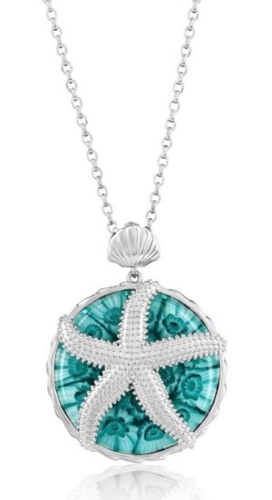 Sterling Silver Rhodium Plated Venetian Murano Glass Starfish Pendant On 1.4mm Diamond Cut Cable Chain 18"