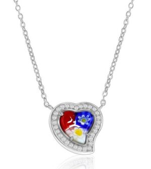 Sterling Silver rhodium platedVenetian Murano Glass multi color heart pendant on adjustable chain