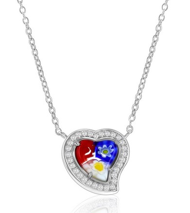 .jpg Sterling Silver rhodium platedVenetian Murano Glass multi color heart pendant on adjustable chain