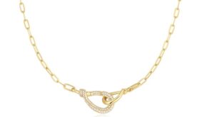 Sterling Silver gold plated interlocked pave and polished knot necklace on paperclip chain