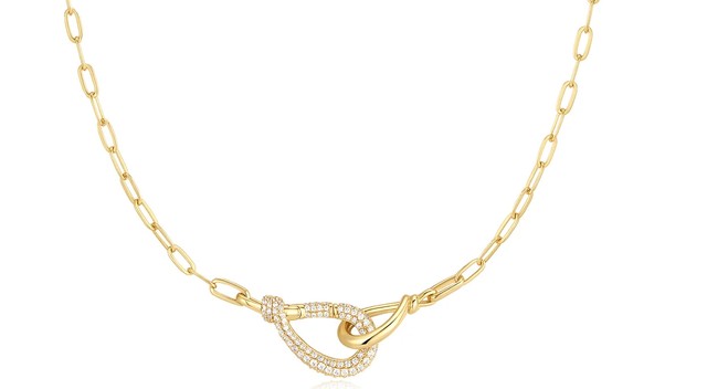 .jpg Sterling Silver gold plated interlocked pave and polished knot necklace on paperclip chain