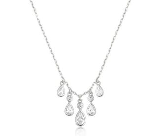 Sterling Silver Rhodium Plated Bezel Set Teardrop Cubic Zirconia Cascade Necklace