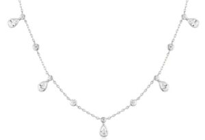 Sterling Silver Rhodium Plated bezel set round and teardrop drop station necklace on adjustable chain
