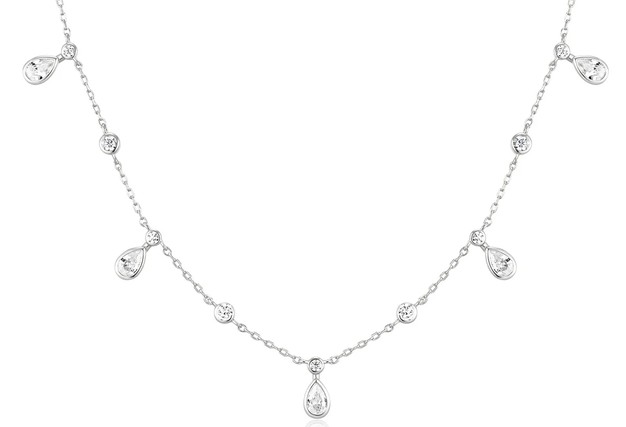.jpg Sterling Silver Rhodium Plated bezel set round and teardrop drop station necklace on adjustable chain